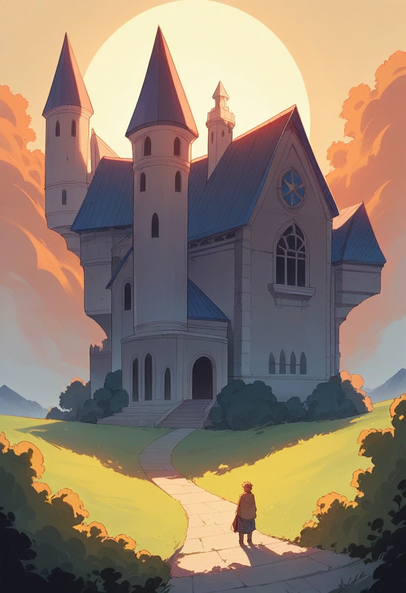 (absurd, high resolution, ultra detailed), 1 male, young people, Bronze skin. Eye patch on right eye, Blue Hair, Dramatic Lighting, detailed, masterpiece, Stand in front of the castle, Sunset, Red and orange sunset hues