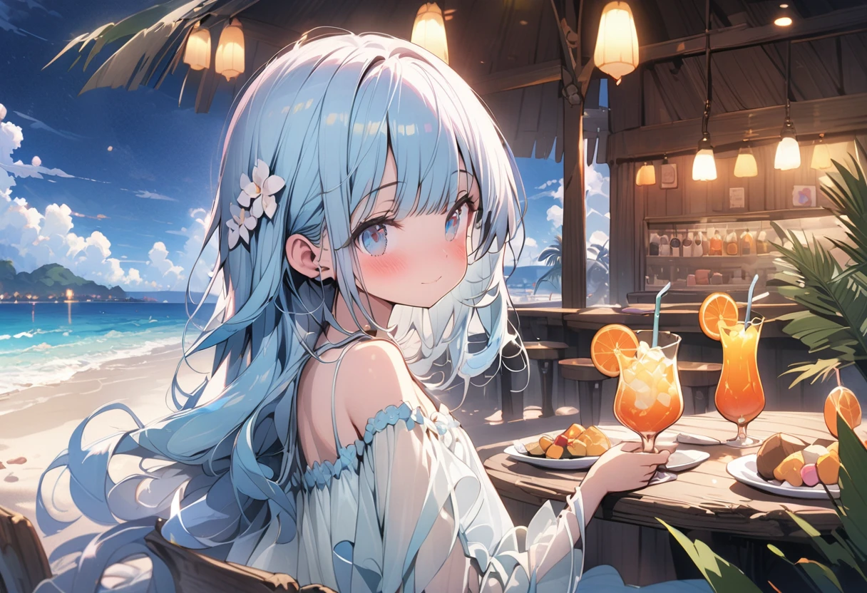 masterpiece, best quality, extremely detailed, (illustration, official art:1.1), 1 girl ,(((( light blue long hair)))), ,light blue hair, , long hair ((blush)) , cute face, masterpiece, best quality,(((((a very delicate and beautiful girl))))),Amazing,beautiful detailed eyes,blunt bangs((((little delicate girl)))),.(true beautiful), sense of depth,, ,(tiny 1girl model:1.2),)(flat chest),The beach at eight oclock at night，An outdoor seaside restaurant，There are some colored lights，plant，shell，beach，Stones，coconut tree，There are some drinks and snacks on the table、Panorama、Overlook	、Wide shot	