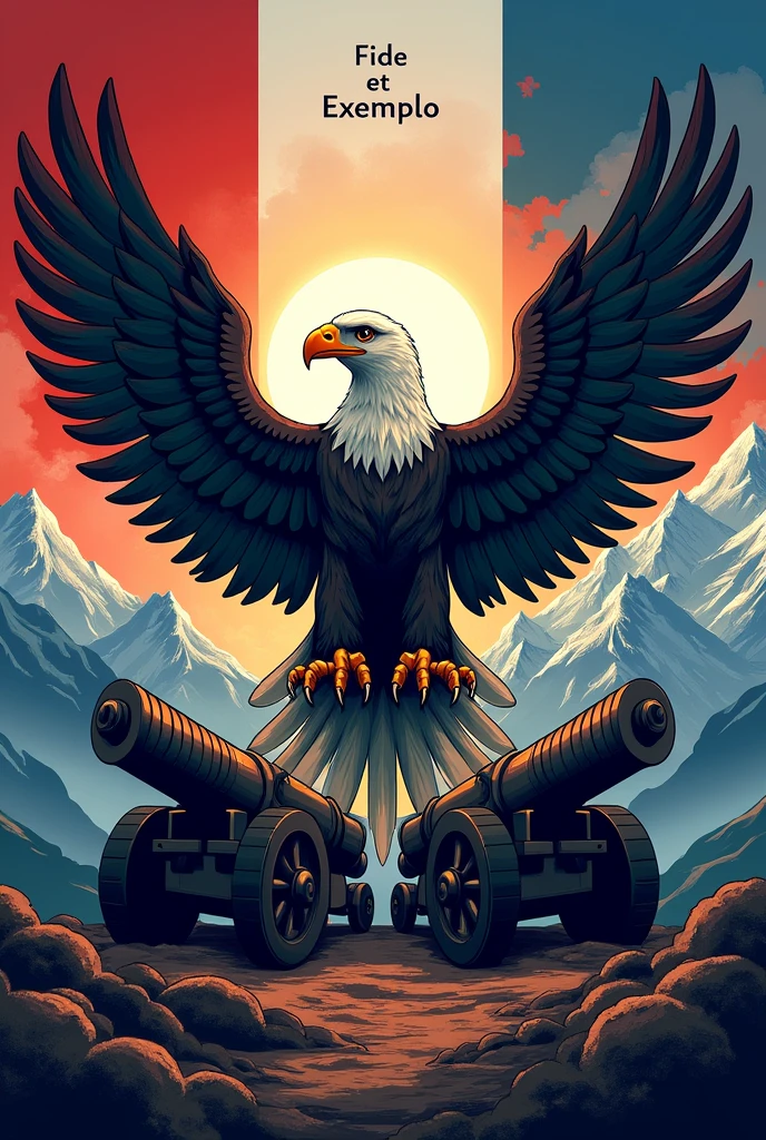 Create a flag with a condor, two cannons, an othomelara mountain and the phrase faith and example in Latin 