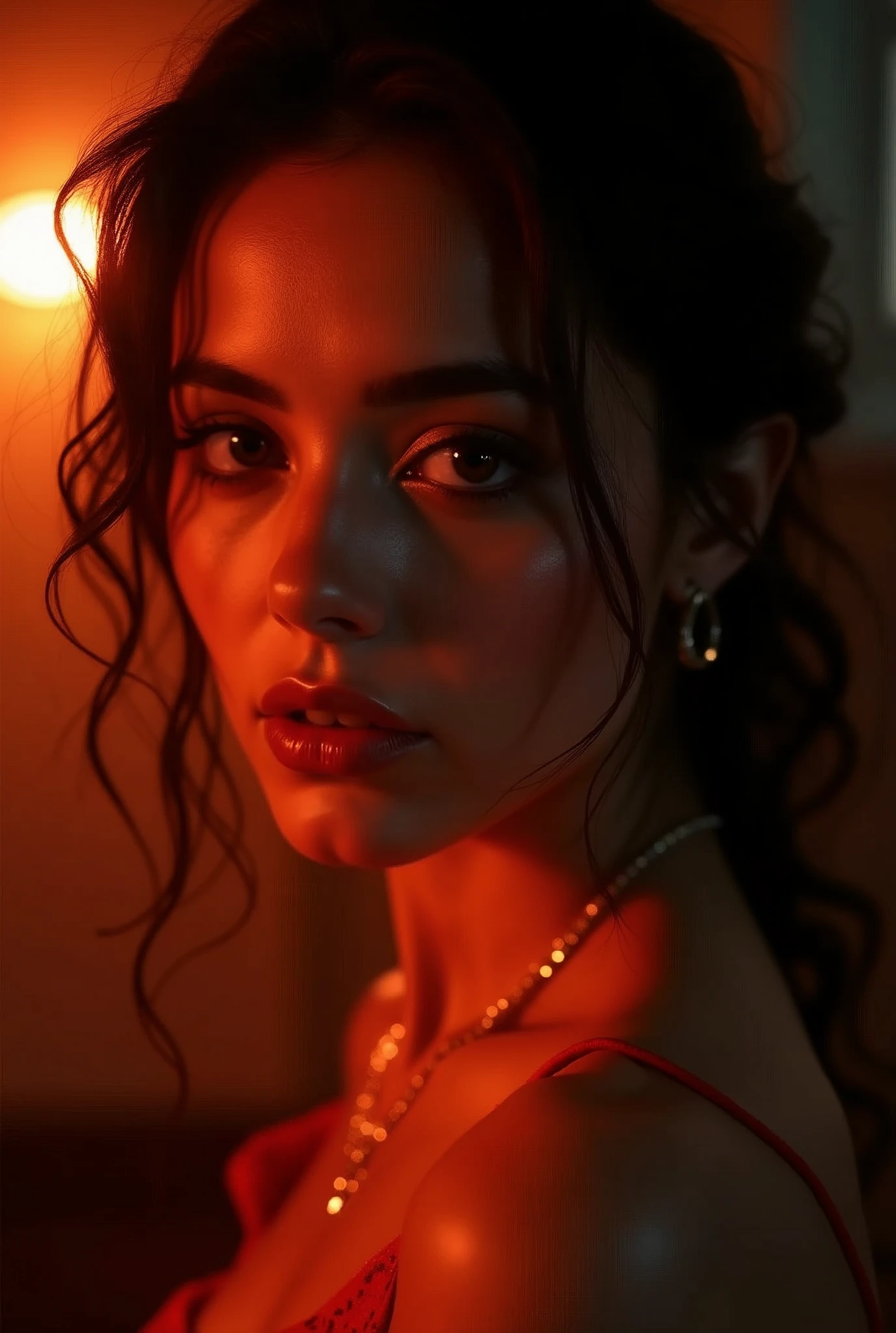 Portrait shot with contrasty warm lighting, a lady, vivid, moody
