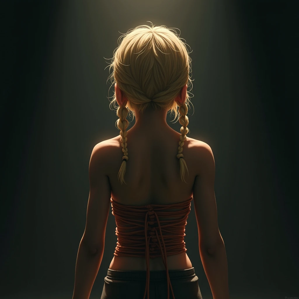 A light in the darkness A boy with blonde braids and a tied up body The protagonist of a game He turns his back, his face cannot be seen