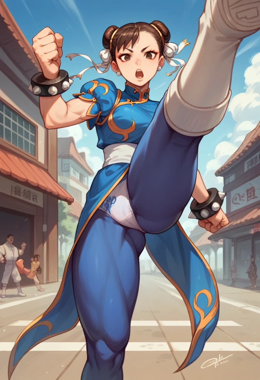 Realistic image of young Chun Li, The street Fighter II, launching a kick over the observer. exterior, Chinese commercial street, Ultra detailed, open mouth, panties, brown measurements. Blue Chinese suit
