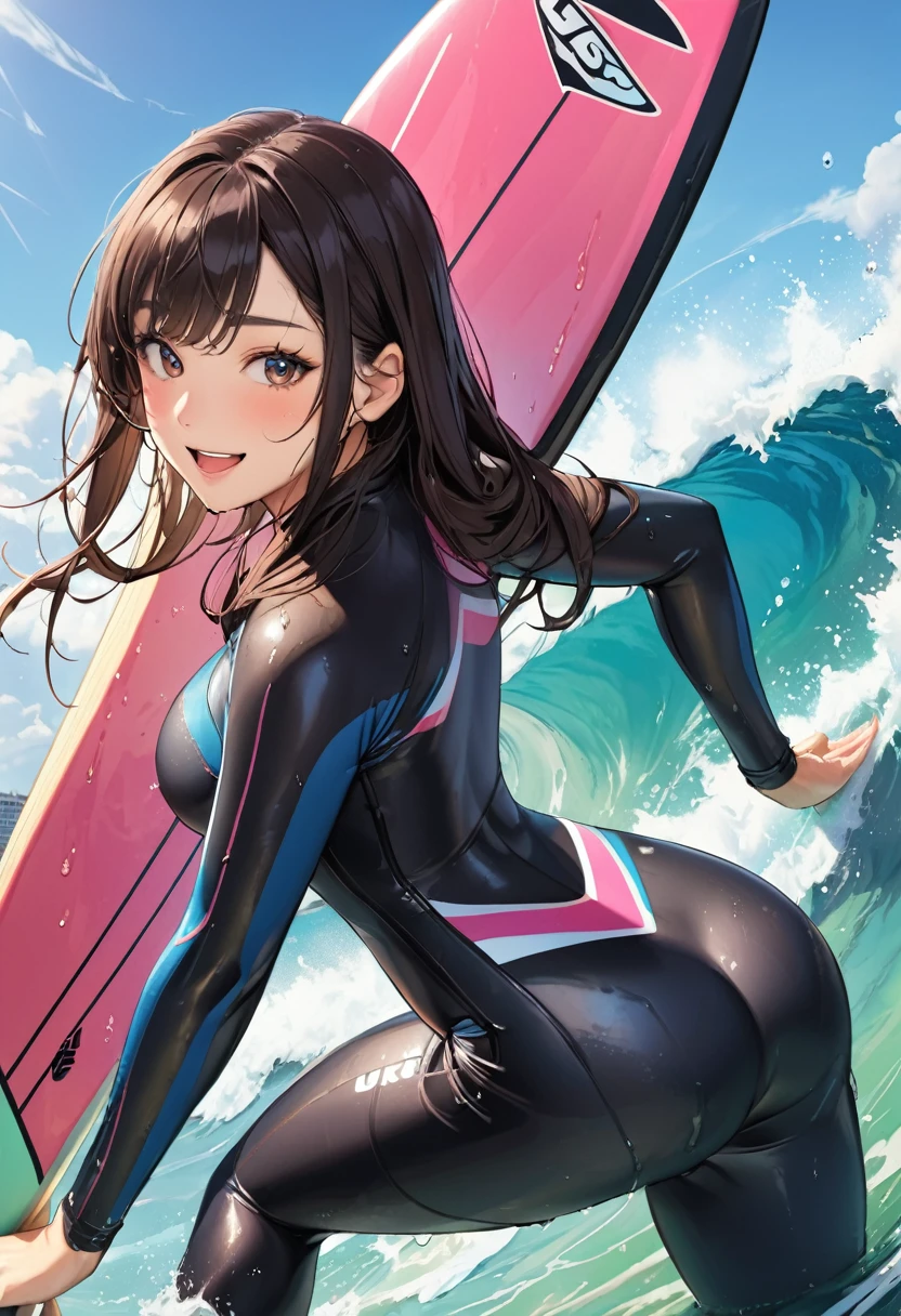 1 girl, (long hair, asymmetrical bangs, dark brown eyes), beautiful face details, beautiful eyes, long eyelashes, soft lips, smile,  (Reflecting the buttocks:1.7), city, (wet suits:1.7), open mouth, (See-through), (surfing, 
surf board:1.5), (black long hair:1.3), blush, surprised face, (turn around and look back:1.5), (wet with sweat:1.5)