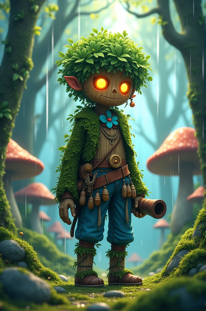 A wooden man, he has hair made of leaves, his whole body is made of wood. He's wearing a moss coat with a blue flower on his chest, a shirt made of spiderwebs, his arms are covered with moss and mushrooms. He's wearing a belt with several potions, he's wearing pants made of blue moss. He's holding a cannon made of wood, moss, and mushrooms. He's in a swamp where it's raining. There are giant mushrooms growing. His eyes are orange like amber and this image has to be in anime style.