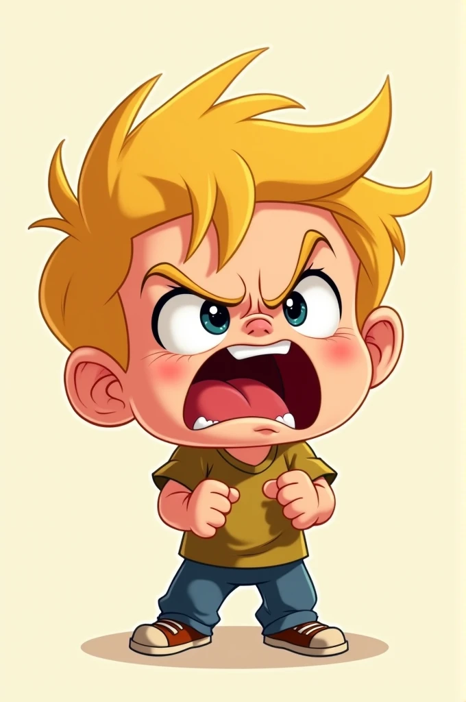 Blonde child screaming angrily, whole body, Disney-style animation