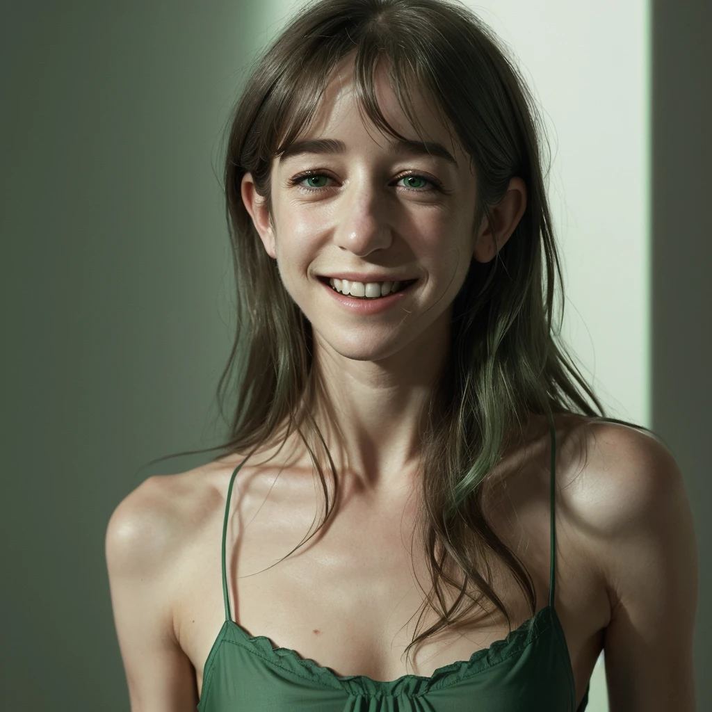 A 23-year-old blonde girl with wavy hair, captured in an upper body closeup, with facial features reminiscent of Charlotte Gainsbourg. She is wearing a stylish green chemise that contrasts beautifully with her light complexion. Her iconic smile, subtly enigmatic and natural, radiates charm and confidence, perfectly highlighted in a noir-style ambient. The lighting is moody and dramatic, with soft shadows creating a deep sense of mystery and allure. The focus is sharp, bringing out every detail of her expression and the texture of her chemise, while the background remains blurred and minimalistic, enhancing the noir aesthetic. (green chemise:1.4), (iconic smile:1.5), (noir lighting:1.4), (sharp focus:1.4), (depth of field:1.3), (dramatic shadows:1.2), (Charlotte Gainsbourg facial features:1.3)