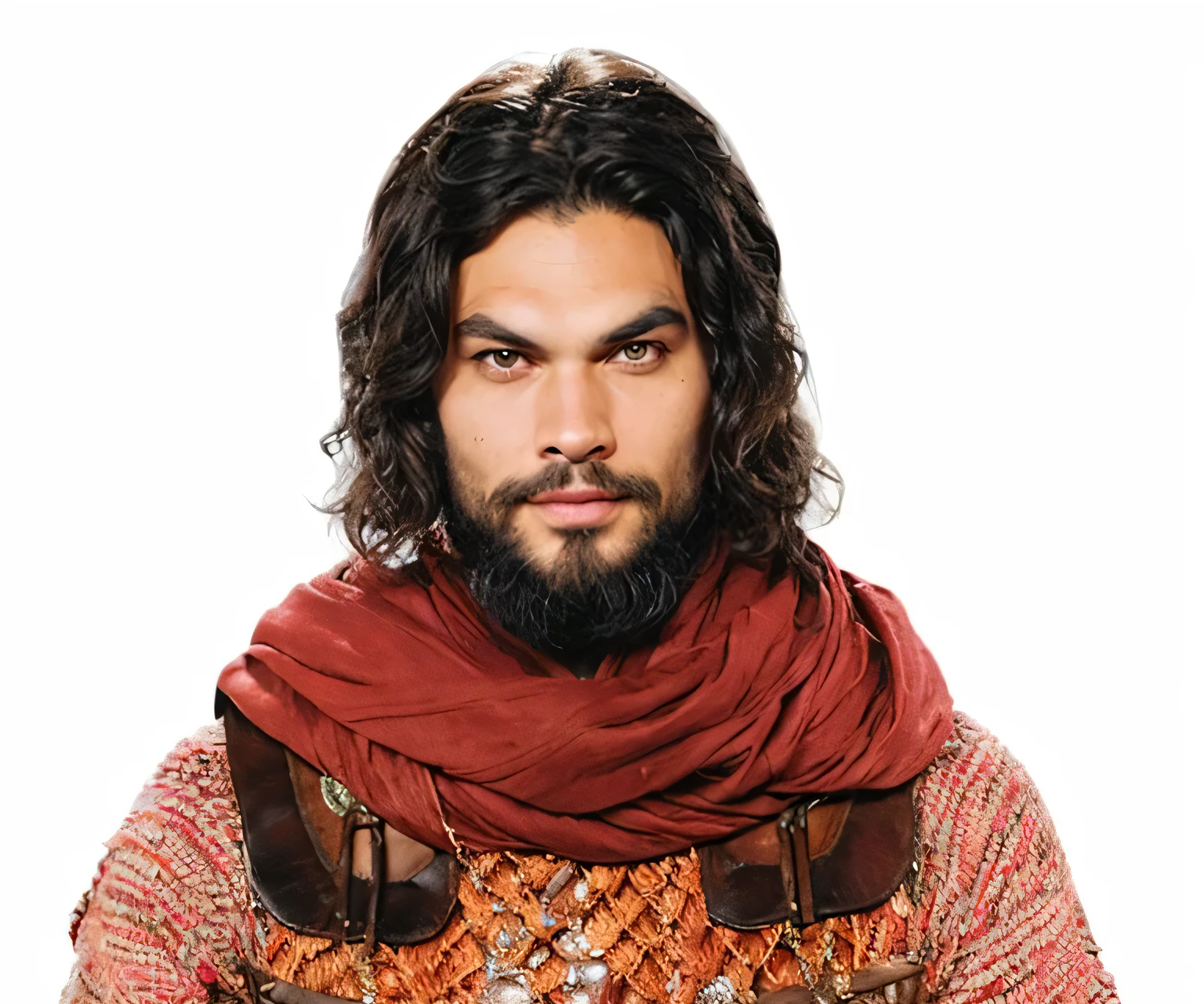 a close-up of a man wearing a red scarf and a brown jacket, jason momoa as assyrian, as a medieval fantasy character, handsome prince of persia, With Leonidas' beard, Paulo Atreydes, by Juan O'Gorman, rey, Jesus Alonso Iglesias, Rafael Lecoste, guerreyro persa, Boris Vallego, klingon