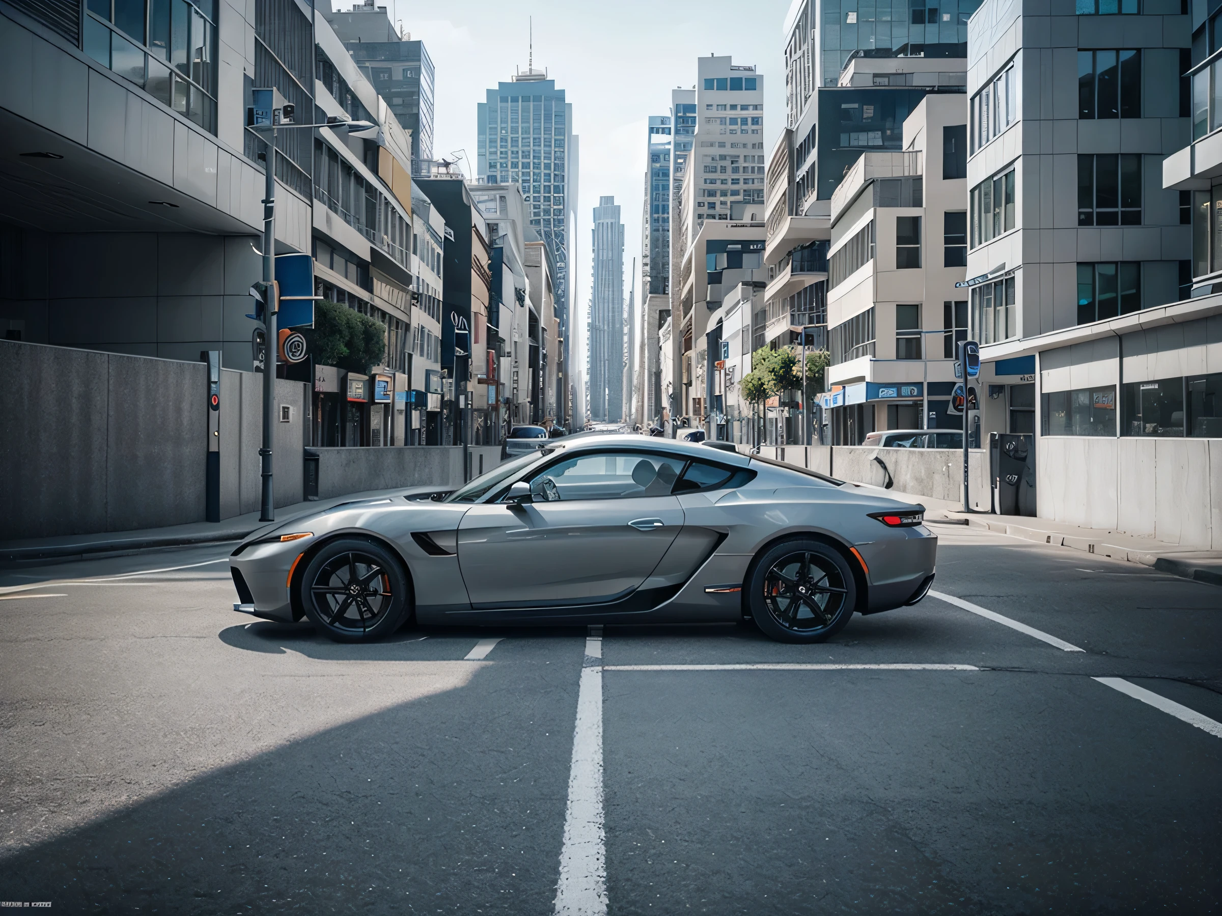 futuristic shot, car, modern city, day, WHITE, shades of grey and blue, Wide Frame, beautiful magazine shoot in advertising style