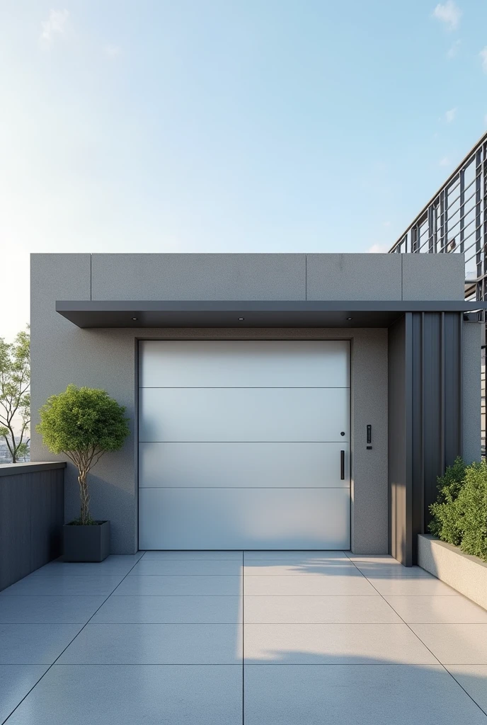 A large rooftop door connected to the inside of the building.
A modern door that is closed.