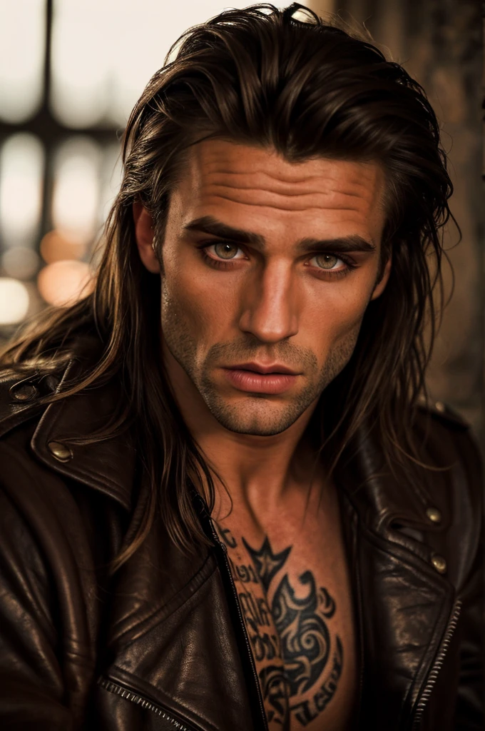 beautiful detailed eyes, beautiful detailed lips, extremely detailed eyes and face, long eyelashes, 1 man, muscular male, long hair, rock star, leather jacket, tattoos, dark moody lighting, cinematic, dramatic, gritty, high contrast, vibrant colors, cinematic lighting, photorealistic, 8k, best quality, masterpiece