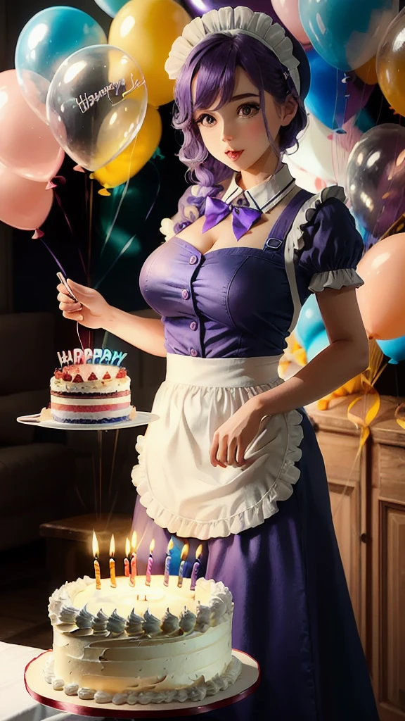 girl，The birthday cake，Birthday cap，Birthday ，balloons，Wish，waxy candles，Purple hair big breasts，the maid outfit