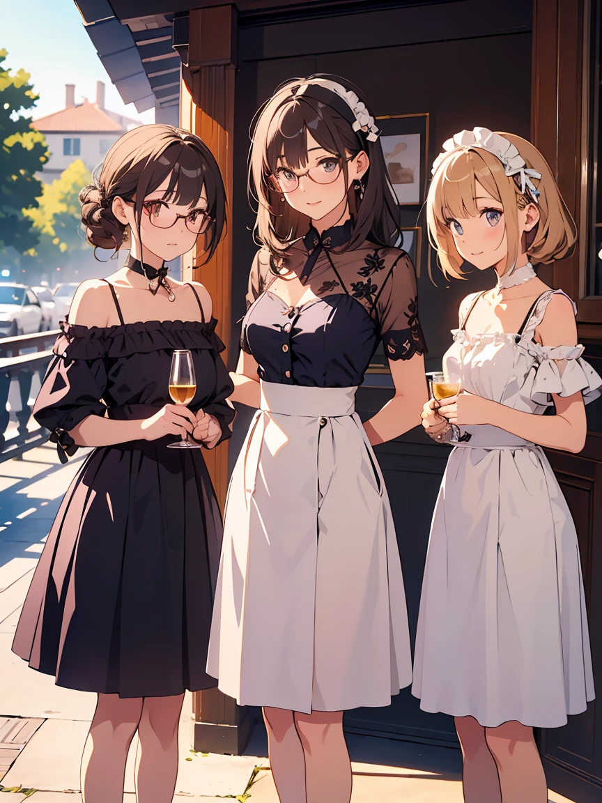 five maids next to each other ((context: an elegant mansion)) ((best qualityer)) ((one of the maids wears glasses)).