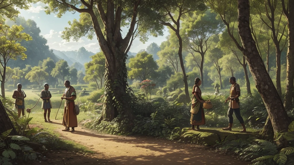 a garden in the middle of the forest,with an aspect of total and divine nature,with a tree different from the others in the middle,with a couple of man and woman petro,woman picking a fruit,snake near the place smiling evilly,primitive man and woman,with only leaves in their private parts