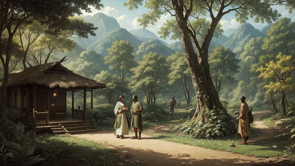 a garden in the middle of the forest,with an aspect of total and divine nature,with a tree different from the others in the middle,with a couple of man and woman petro,woman picking a fruit,snake near the place smiling evilly,primitive man and woman,with only leaves in their private parts