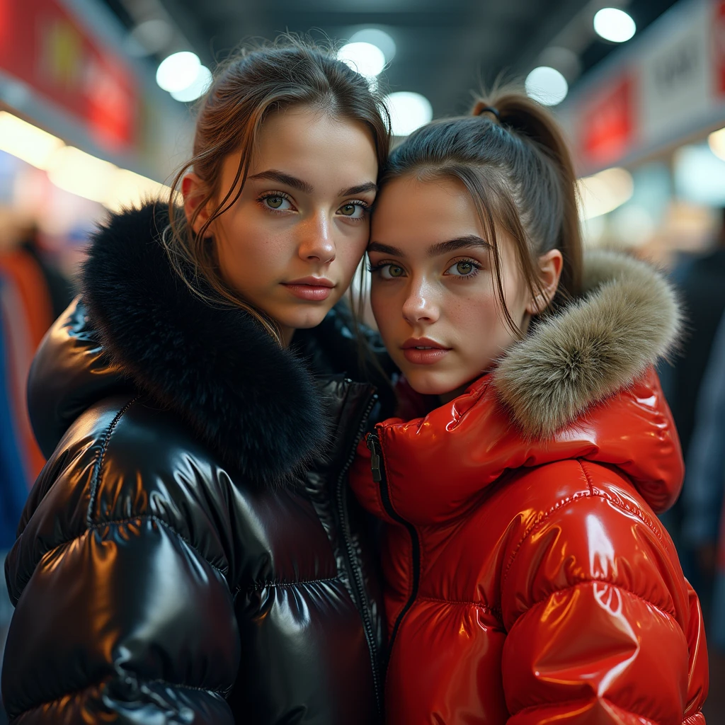 a slim ponytail 16 year old girl and her bestie,beautiful detailed eyes,beautiful freckles,beautiful detailed lips,extremely detailed eyes and face,longeyelashes, wearing beautiful detailed hooded shut formfitting pyrenex overfilled shiny super gleamy super thick glossy puffer jacket covering her super padded skisuit,latex leggings,symmetrical,standing in a pufferstore,masterpiece,cinematic,lifelike,hyperrealistic,8k,photorealistic,highly detailed,intricate,exquisite,elegant,beautiful,stunning