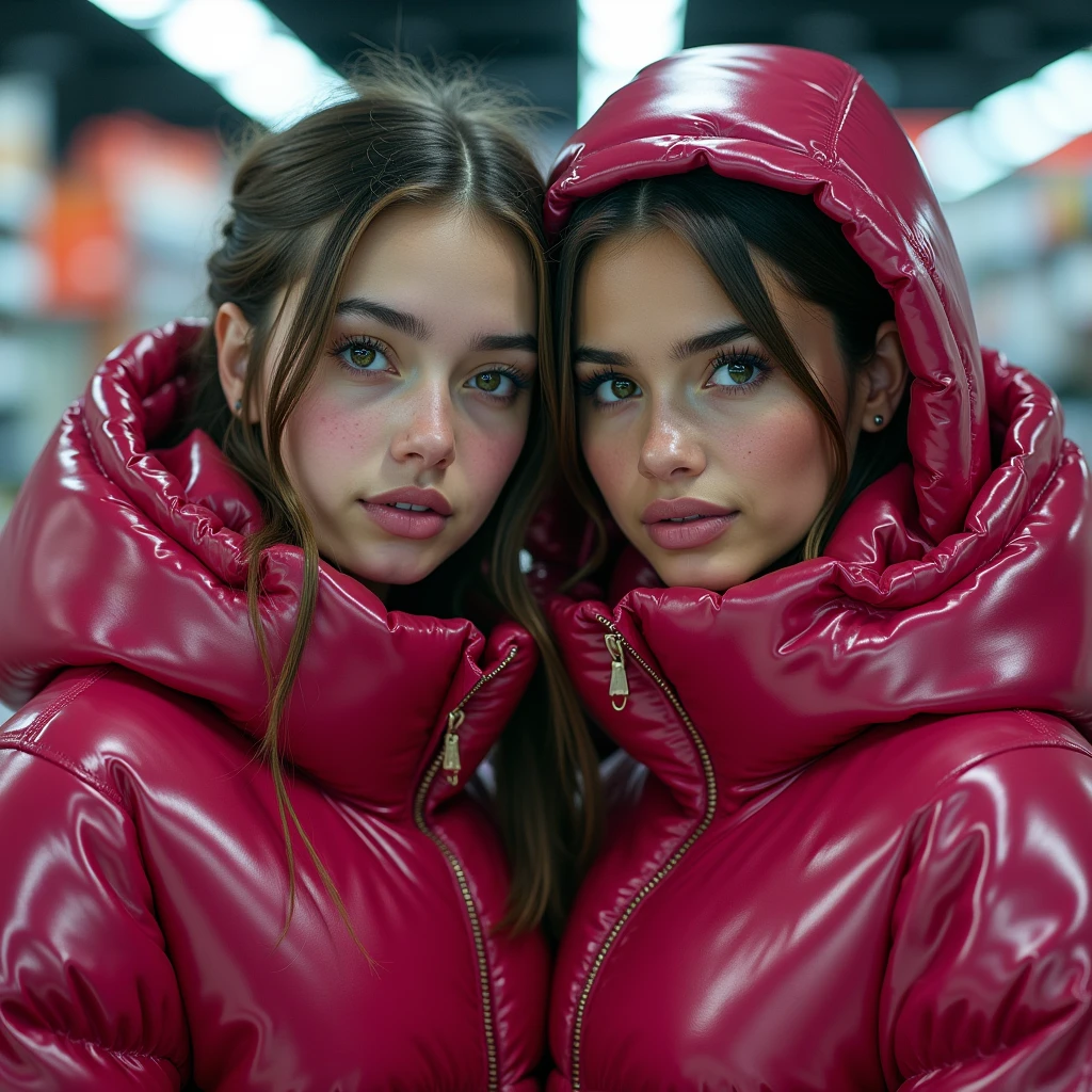  a slim ponytail 16 year old girl and her bestie,beautiful detailed eyes,beautiful freckles,beautiful detailed lips,extremely detailed eyes and face,longeyelashes, wearing beautiful detailed hooded   shut formfitting pyrenex overfilled shiny super gleamy super thick glossy puffer jacket covering her  super padded skisuit,latex  leggings,symmetrical,standing in a pufferstore,masterpiece,cinematic,lifelike,hyperrealistic,8k,photorealistic,highly detailed,intricate,exquisite,elegant,beautiful,stunning