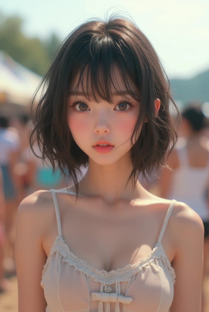 (Highest quality, masterpiece, Ultra-high resolution, (Realistic:1.4), RAW Photos, Depth of written boundary, Professional Lighting, Perfect Anatomy, Very detailed), One girl, 15 years old, The most famous Japanese idols, (((Summer festival, Are standing))), Wearing a cute, sheer camisole, View your viewers, (((Embarrassing):1.3)), (Very cute face like the most popular Japanese idol, (Very cute and with very big round eyes), Very beautiful hair, (Very beautiful、Highly realistic skins), Very cute long eyelashes, Very cute lips)