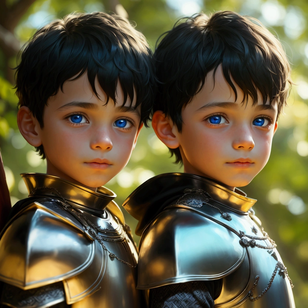 2 children, one and another boy Brothers children beautiful 5 , a happy black haired one, No meio da floresta, clear blue eyes, with twin brother, sons of a knight, medieval aspect.