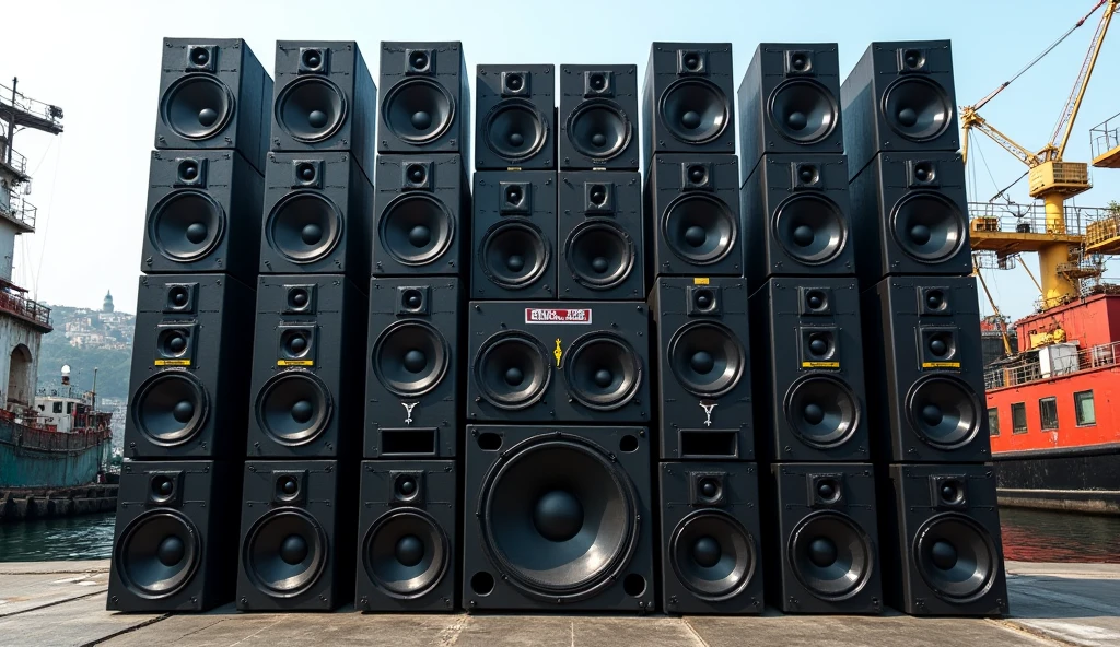 Black reggae speakers arranged in four rows and three levels at the harbor