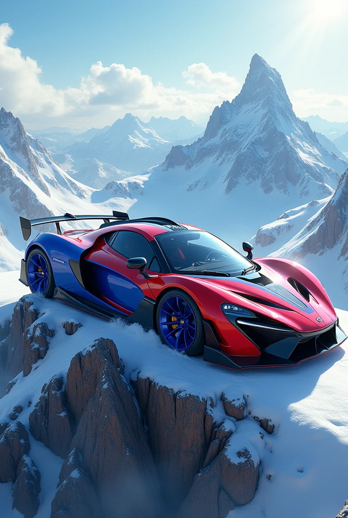 red and blue and black Car on the top of mountain