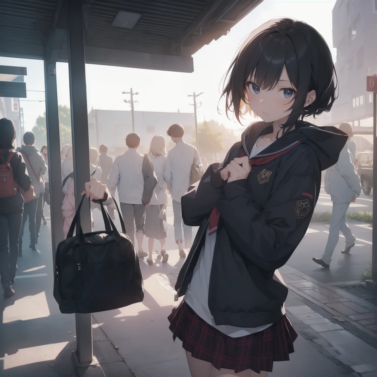 ultra-absurdres-Top quality by artist God, ultra-detailed, high resolution, anime moe artstyle, best anime 8k konachan wallpaper, pixiv contest winner, pool:2810, perfect anatomy,break, 1girl, (Please draw a girl walking sleepily to school alone. )break,(Solo,little female, 13-year-old:1.3),Full limbs, complete fingers,a junior high school student, (very short hair), short cut, flat chest, , small butt, small black eyes, beautiful detailed eyes, well-proportioned iris and pupils, expressive eyes, highres detailed hair, soft expression, salor school_uniform, sailor collar, serahuku, bow, pleated skirt,(Detailed Lighting), (Detailed background), in the School commute route. break,super detailed skin, Best cinematic lighting powered by famous artist, 8k,beauty illustration,photoshop_(medium),very aesthetic,break,((artist:shiromanta )), artist:clamp ,artist:carnelian ,artist:kantoku ,