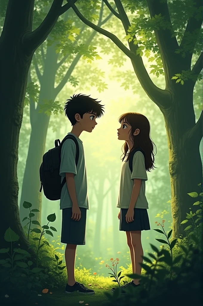 Two 17-year-old youths look at each other in the middle of the forest..