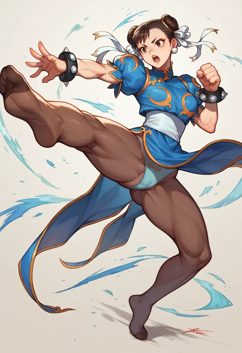 Realistic image of young Chun Li, The street Fighter II, launching a kick over the observer. exterior, flea market china, Ultra detailed, open mouth, panties, brown stockings. Blue Chinese suit