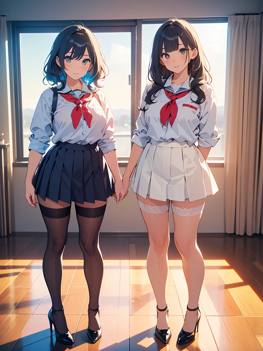 NSFW, masterpiece, (realistic, photo realistic:1.2), ((highest quality), extremely fine and beautiful, beautiful face details, real human skin, realistic, photorealistic, 2girls、smile on face, cow-boy shot. School uniforms, shirt with collar, necktie, huge long breasts, tiny breasts, Naughty thighs, White shirt, Open shirt, White underwear, fingering, female masturbation, (wind, wind lift., Skirt lifted by the wind, Skirt rolled up by the wind, Skirt flutters:1.5), (Fully exposed panties:1.5), (white ribbed panties:1.5), (standing a:1.7)