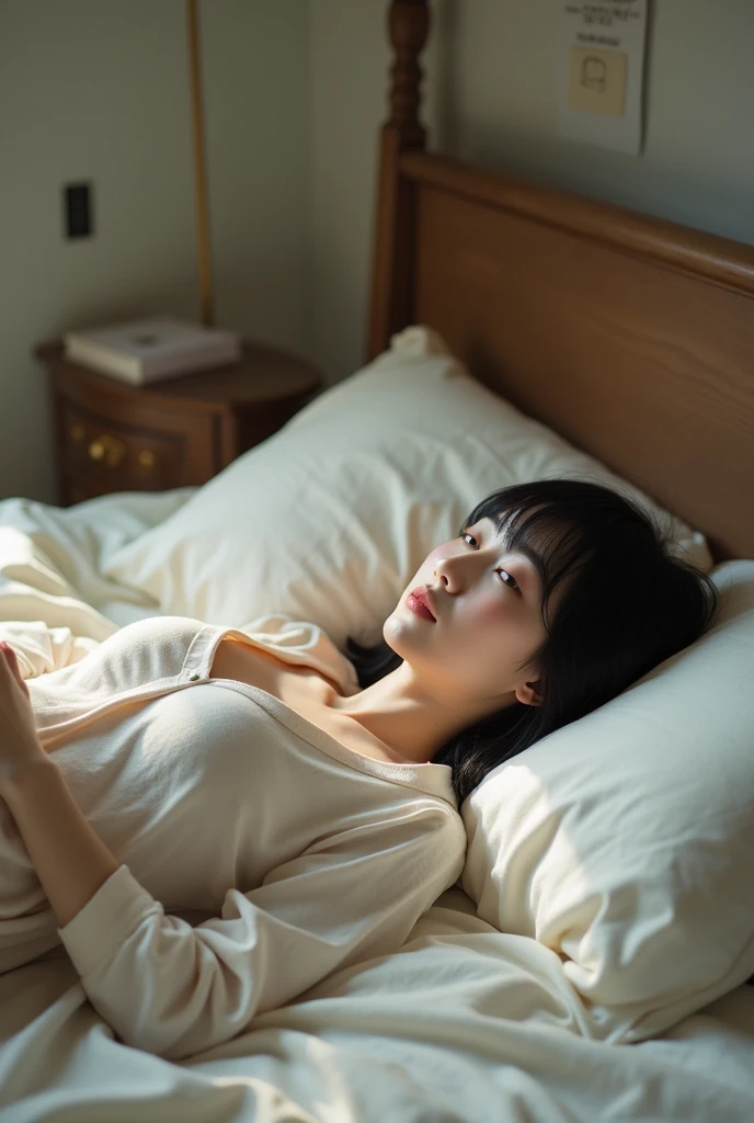 Ultra-high resolution, (Realistic: 1.4), RAW Photos, highest quality, (Realisticistic), concentrate, Soft Light, ((28 years old)), ((Japanese)), (front, Young Face))), (Written boundary depth), (one piece), masterpiece, (Realistic), woman, short hair、Black Hair, Bedroom, Small breasts、Small breasts、Sleep on your back:1.5、pajamas:1.5、pajamas、whole body、barefoot