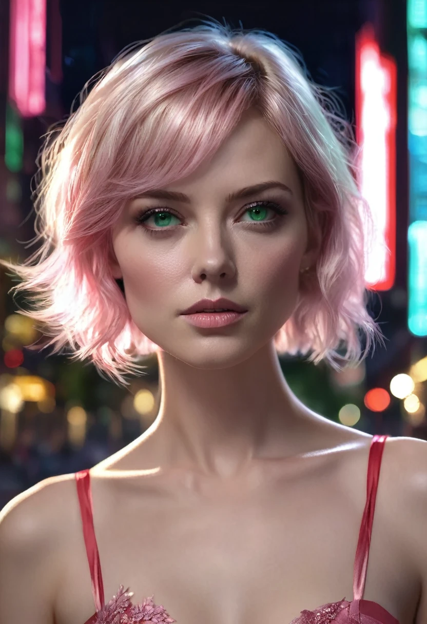 1 woman, inside a city at night, wearing a red dress, feminine light green eyes, clear and detailed skin, small breasts, short light pink hair, dramatic lighting, cinematic composition, dark palette, dark colors, atmospheric haze, thin chin, soft face, serious face, beautiful woman, adult woman, ultra realistic, adult woman (best quality, 4K, 8K, high resolution, art: 1.2), ultra detailed (realistic, photorealistic, photorealistic: 1.37)