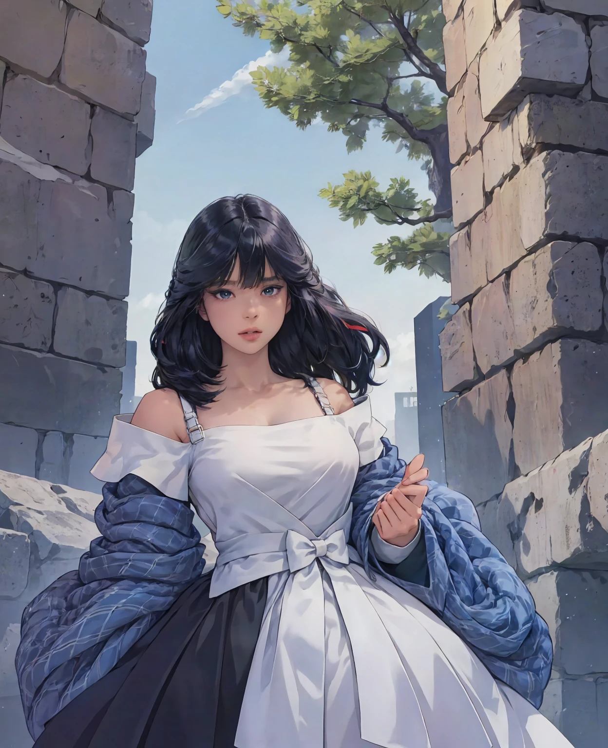 sakimichan style, wlop style, portrait, finely detailed face, beautiful woman, plump lips, opaque veil, medieval veil, headrail, 12th century, heterochromia eyes, iridescent eyes, medieval clothing, bliaut, lord of the rings gown, close to perfection, beautiful anime style, character panorama, clean and detailed face, glowing shadows, beautiful gradients, depth of field, clean Graphics, high quality, high detail, high definition, Luminous Studio graphics engine