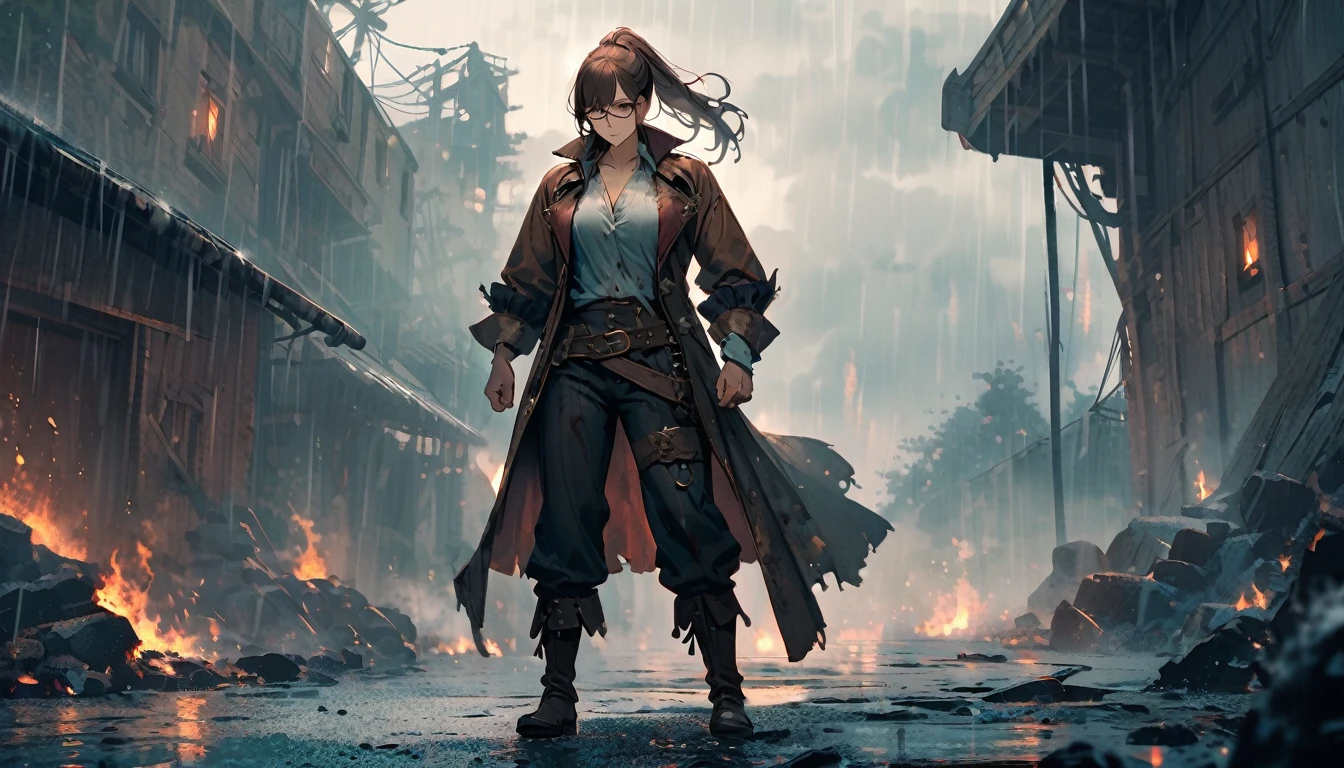 beaten up,buffed,bleed,determined,glasses,ponytail,pirate,pirate girl,brown hair,wound,bruises,broken glasses,cold colors,detailed,brown eyes,rain,fire particles,full body,scenary,beautiful
