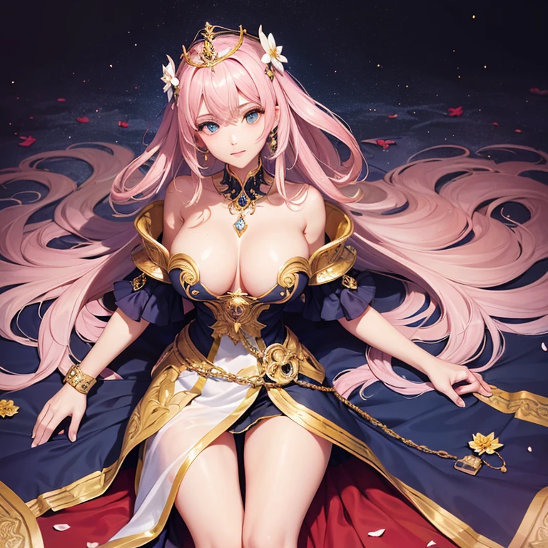 Close-up of a woman in a decorative luxurious dress, Flowers in hair, CG society hot topic, Fantasy art, ((Beautiful Fantasy Empress)), Beautiful Fantasy Empress, Anime Goddess, Golden lotus princess, 8K high quality, detailed art, Zodiac Girl Portrait, Beautiful and elegant queen, Beautiful Celestial Magician, Very luxurious,Spread your legs wide,Accentuate the crotch,(((Urinating))),puddle,Is peeing,(((Clear liquid)))