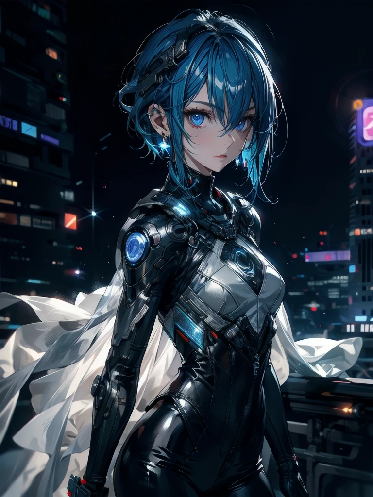 absurdes, RAW Photos, Very delicate and beautiful, masterpiece, Highest quality, Ultra-high resolution, 32K, surreal, Very detailed, cyberpunk world、20-year-old, Delicate facial features,, Earrings, Medium chest, Full Body Shot, Shorten the middle part of the hair, Beautiful Blue Hair, , short Hairstyles、Cyber Tech Suit、The fabric is thin,City background.(night、Rooftop of a burning building:1.2)
Hair in front of eyes, Blue Hair/Light blue hair, Hair that falls over the shoulders, (Carrying a weapon、Razor Blade)