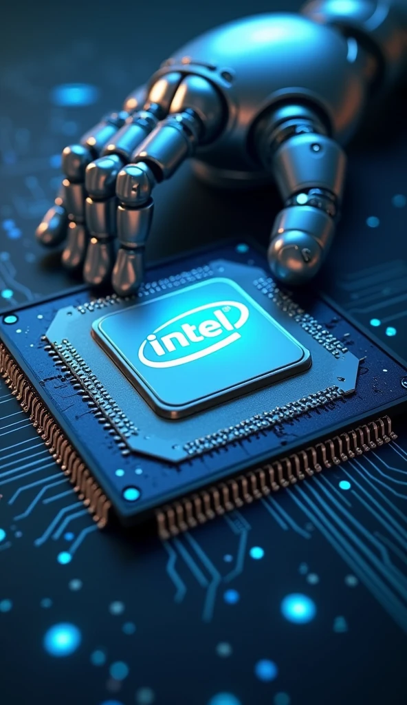 In the centre of the image is a huge tech chip (symbolising an Intel CPU) and in the background is a robot arm fused with a tax bill or document. The background colours should be tech blue, silver and dark grey to show a high-tech and futuristic look.