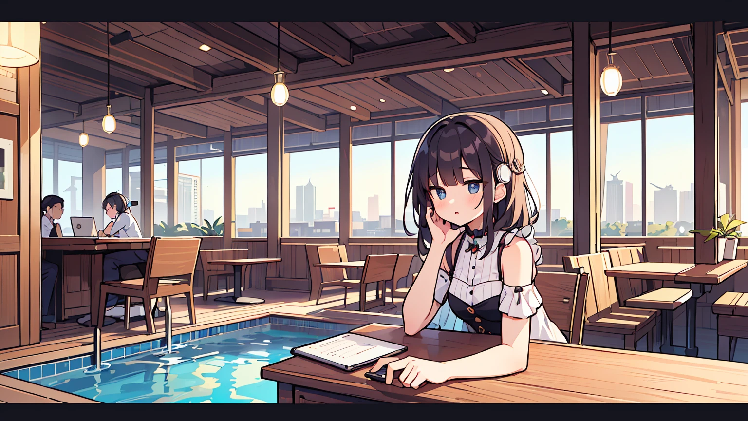 (masterpiece, best quality),1 woman, different hair colors, different faces,letterboxed, perfection of fashion,chapped lips, sleeveless,dress,upper body, from the side,Infinity Pool,cafe,The horizon is reflected,Lounge Chair,marble floor,Advanced Table,With a view of Dubai Tower,Studying at the table,laptop,AirPods Max Headset