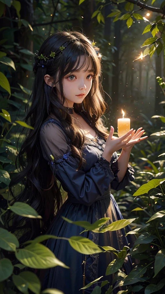 -yeld, c, fantasy, fair skin, long wavy hair, fairy, frills, night forest, fireflies 