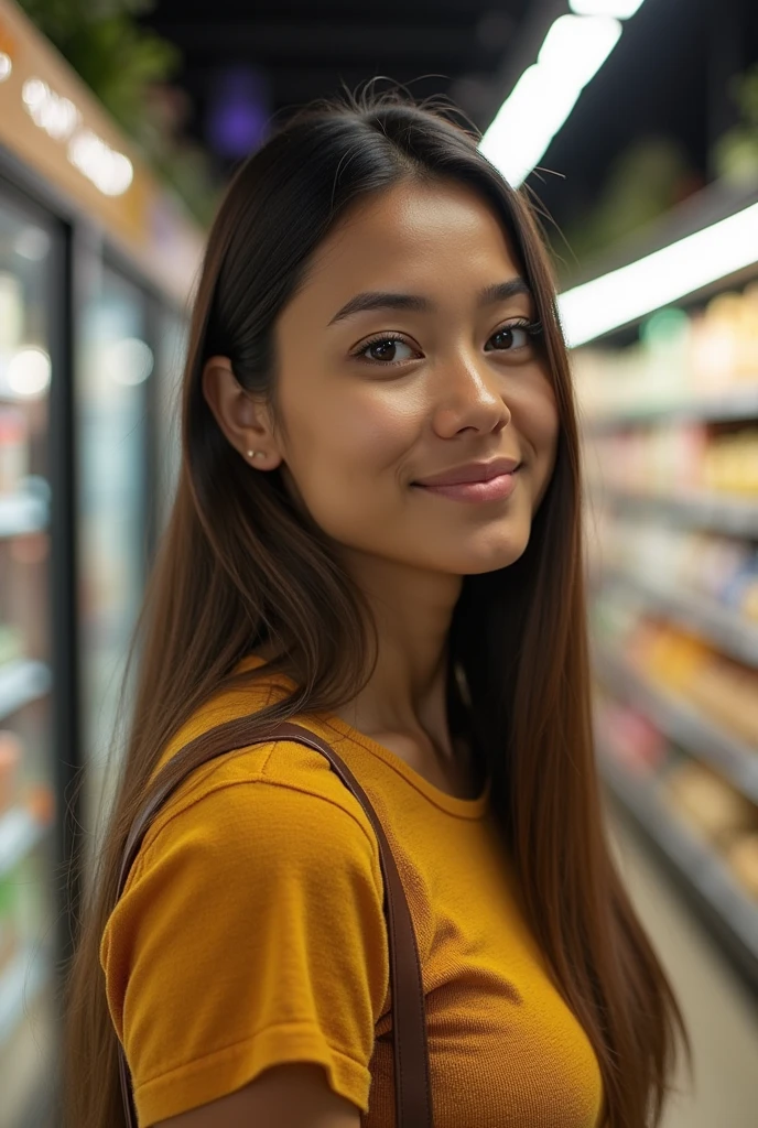 A Brazilian woman with straight hair,Middle, Clara at the supermarket