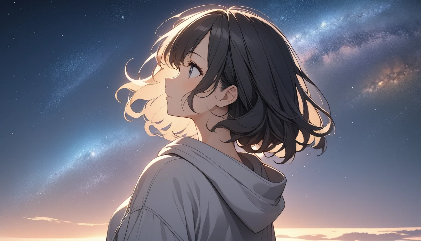 Starry Sky、milky way、One woman、Black Hair、Short Hair、Hair blowing in the wind、profile、Wearing a hoodie、Back view、Upper Body、Low - Angle