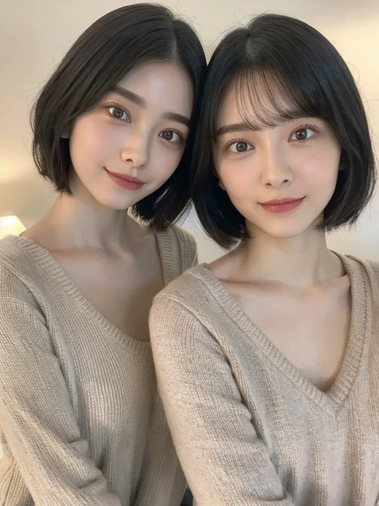 (masterpiece:1.3), (8k, Photoreal, Raw photo, best image quality: 1.4), Japanese high school girl、(random hairstyle:1.2)、cleavage:1.5、super detail face、eye for details、double eyelid、chest to chest、sharp focus:1.2、Beautiful woman:1.4、light brown hair、highest quality、masterpiece、超A high resolution、(Photoreal:1.4)、Highly detailed and professionally lit smiles、loose and light knitwear、shoulder out、thin、serious expression、short haired、deadly position
similar identical twins
All the girls have the exact same face, The two have the same face and figure, as if they were mirror images.