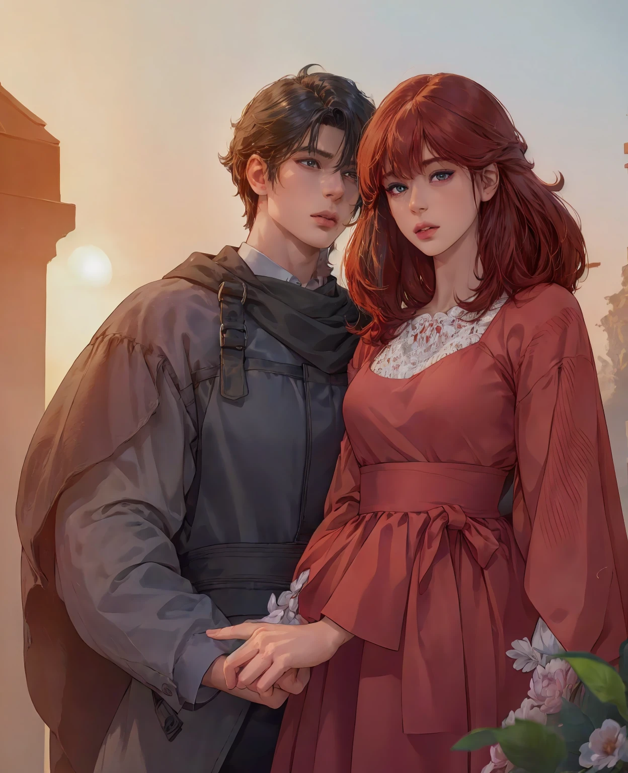 A young man with striking red hair and red eyes, wearing normal villager clothing, beautiful detailed eyes, beautiful detailed lips, extremely detailed eyes and face, long eyelashes, (best quality,4k,8k,highres,masterpiece:1.2),ultra-detailed,(realistic,photorealistic,photo-realistic:1.37),digital art, fantasy portrait, dynamic lighting, dramatic mood, warm color tones