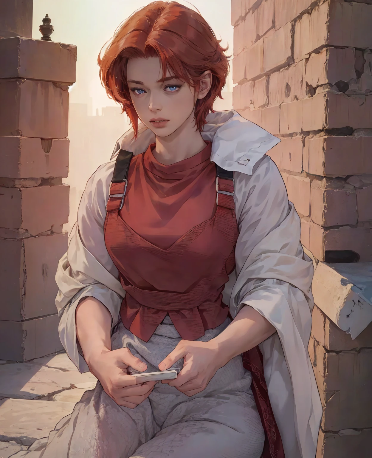 A young man with striking red hair and red eyes, wearing normal villager clothing, beautiful detailed eyes, beautiful detailed lips, extremely detailed eyes and face, long eyelashes, (best quality,4k,8k,highres,masterpiece:1.2),ultra-detailed,(realistic,photorealistic,photo-realistic:1.37),digital art, fantasy portrait, dynamic lighting, dramatic mood, warm color tones