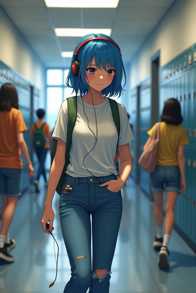 A -yeld giwith blue, medium-length hair, who likes rock, who is walking down the school hallway listening to music on their headphones