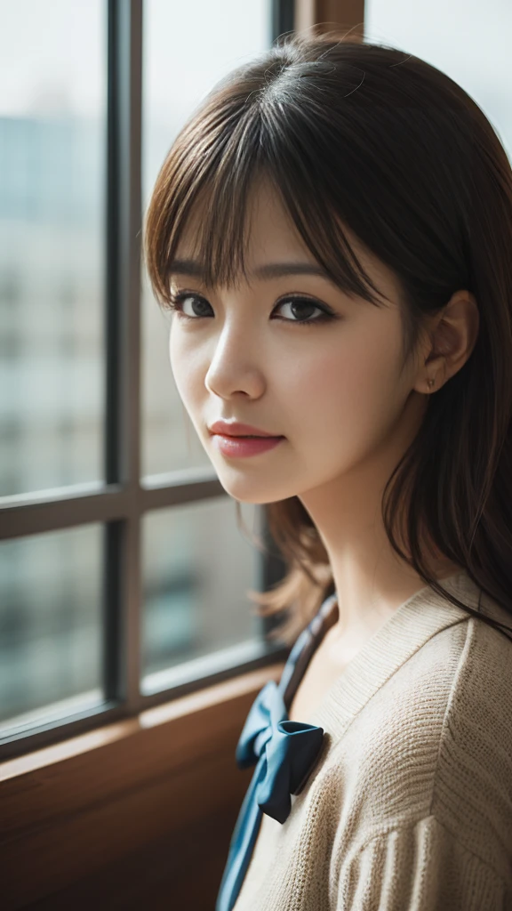 One girl, Mature Woman, Best, bow, photograph, Realistic, Highest quality, employment, Detailed face, office, Building seen from the window, Detailed Background, Diffused sunlight, Depth of written boundary, Bokeh