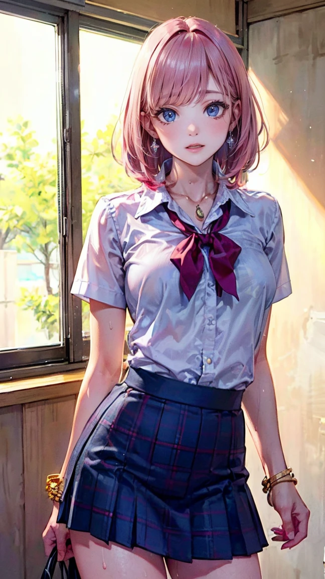 ((NSFW))、(masterpiece, Highest quality:1.3), (Super detailed:1.2), (hyperRealistic:1.3), (RAW Photos:1.2), High-definition RAW color photos, Professional photos, (PhotoRealistic:1.4), (Realistic:1.4), (Pink Hair:1.5), Professional Lighting, Perfect Anatomy, (Big Breasts:1.2), (blush, Detailed face), (Bright smile:1.5), Earrings, necklace, Gold bracelet, Sexy, erotic Sexy, (Slim body、Are thin、Model body type、Beautiful long legs)、Random sexy gravure poses, (White short sleeve shirt、Open chest、Navy blue checked skirt、school uniform、金のEarrings、:1.3)、To the tips of the feet、((Sweat))、((Sweatで濡れた肌、My hair is wet))、Double teeth、School classroom、Fallatio