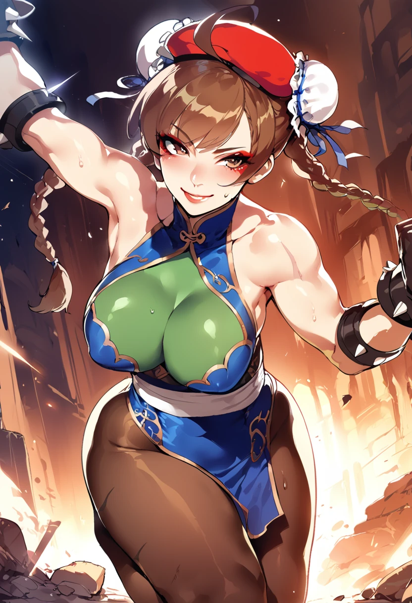 masterpiece,best quality,extreme detail,8k,cammyfn, 1girl, solo, long hair, breasts, blue eyes,brown blonde hair, large breasts, gloves, red hat, braid, ahoge, twin braids, leotard, lips, makeup, beret, scar, antenna hair, nose, harness, huge ahoge, green leotard,sleeveless, sweaty,sweat, exhausted,sleeveless,cross eye, full body , 1girl, (solo:1.2), (jumping:1.3), (mid air:1.3), (cowboy shot:1.5), smile, happy, (masterpiece:1.3), (best quality:1.3), (perfect anatomy:1.4), highly detailed, chun li, brown eyes, short hair, double bun, bun cover, blue dress, pelvic curtain, spiked bracelet, sash, brown pantyhose, (post fight scenery:1.3), rubble, outside, daylight, nyantcha, expressive faces, anime-inspired, (cell shading:1.2), lips, merging
