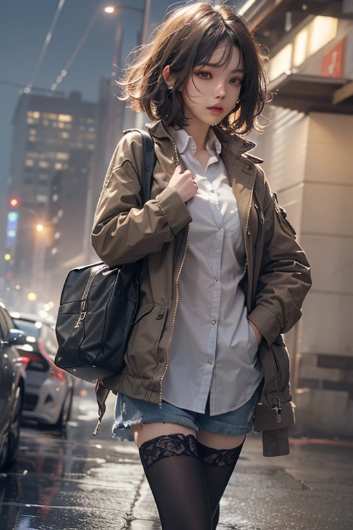 ((Highest quality)), ((masterpiece)), (detailed), ((Highest quality))、RAW、4K、((Cityscape))、High resolution、Perfect Face, Japanese、28 years old、female、short hair、Bob Hair、light light brown hair、Perfect Anatomy、Anatomically correct body、White collared shirt、((It&#39;s raining heavily))、Soaking wet、Sad face、((The body is wet from the rain))、((My hair is wet from the rain.))