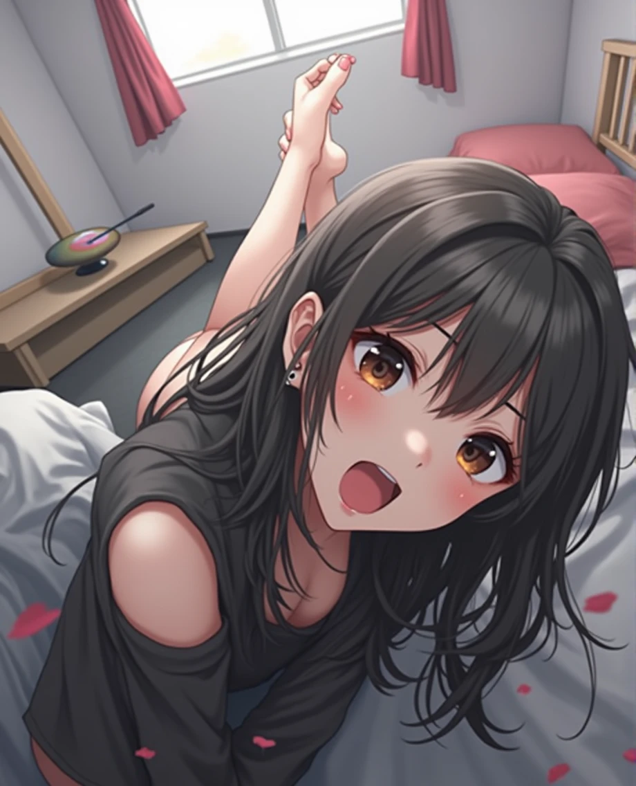Japanese、woman、university 、B cup、room、On the bed、Masturbating、Fluid dripping from the crotch、skin、It's like I took the photo myself、Portrait Photography、Front camera、