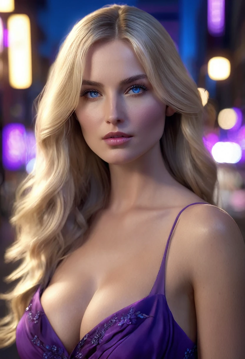 1 woman, inside a city at night, wearing a purple dress, feminine blue eyes, clear and detailed skin, large breasts, very long and straight light blonde hair, dramatic lighting, cinematic composition, dark palette, dark colors, atmospheric haze, thin chin, soft face, serious face, beautiful woman, adult woman, ultra realistic, adult woman (best quality, 4K, 8K, high resolution, art: 1.2), ultra detailed (realistic, photorealistic, photorealistic: 1.37)