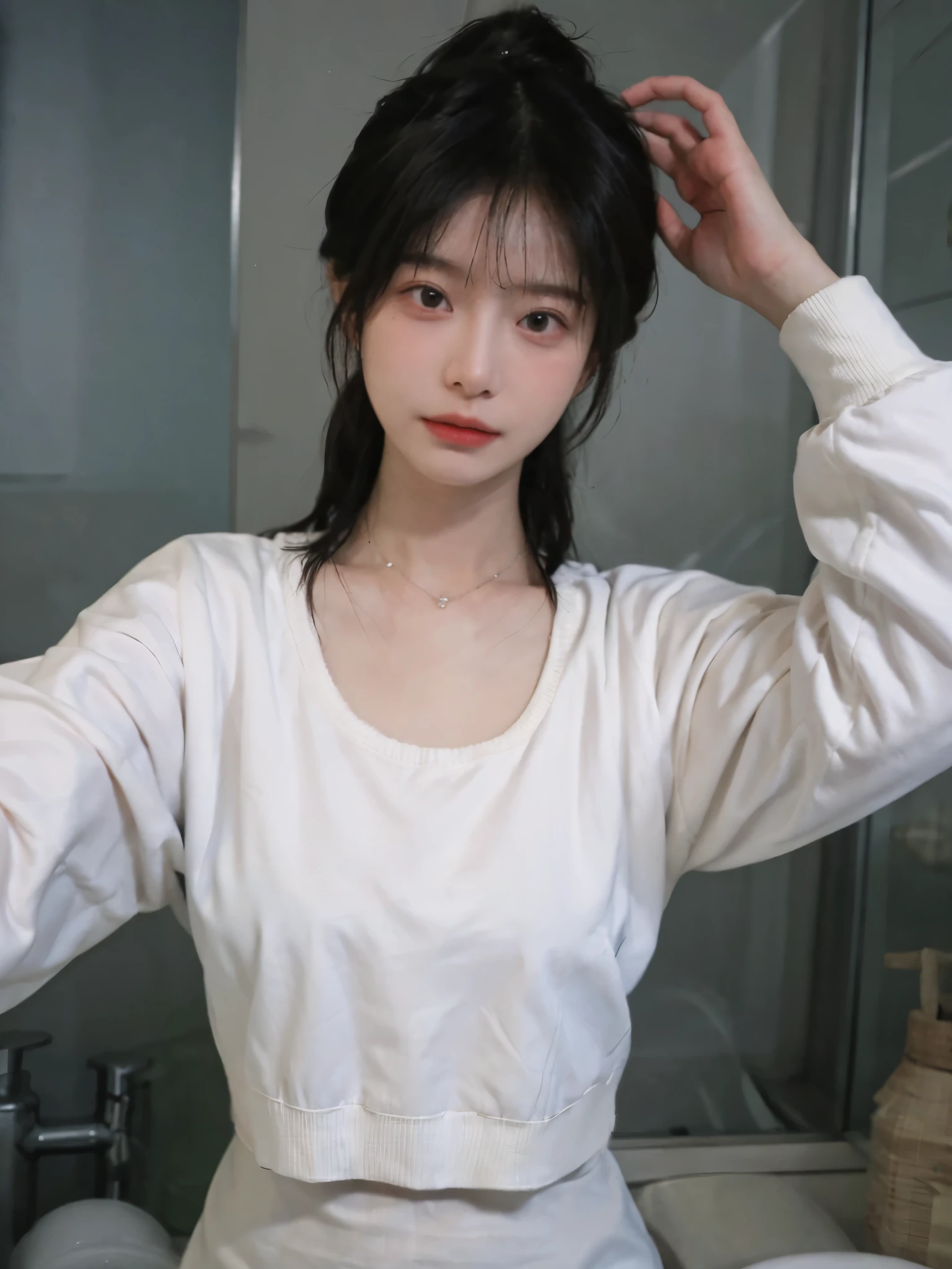 best qualtiy, Ultra-high resolution, (realisticlying:1.4),cute hairpin,1girll,Cropped black sweater ,head straight-looking at viewer,Full of atmosphere,Beautiful woman with a slim figure:1.4, abs:1.1, bathroom,Ultra-fine face,Elaborate Eyes,double eyelid,choker necklace
